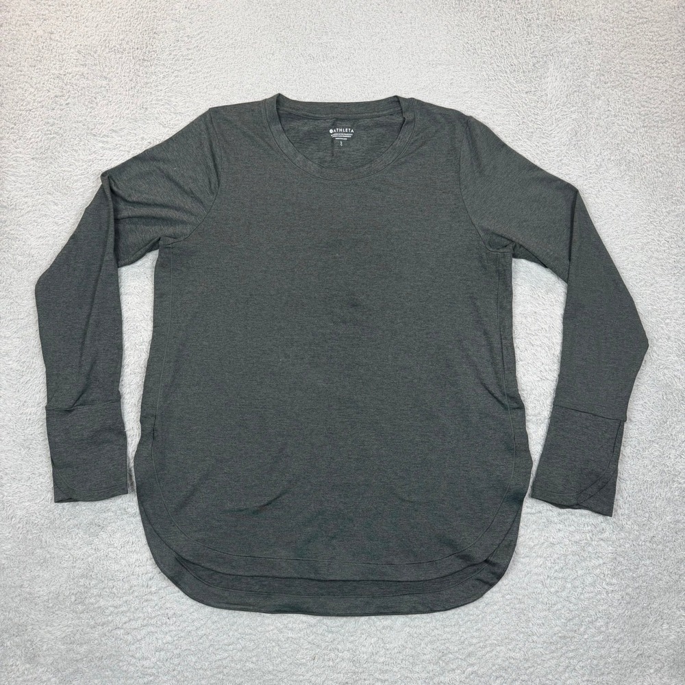 Athleta Uptempo Top Womens Large Charcoal Heather Gray Long Sleeve Curved Hem
